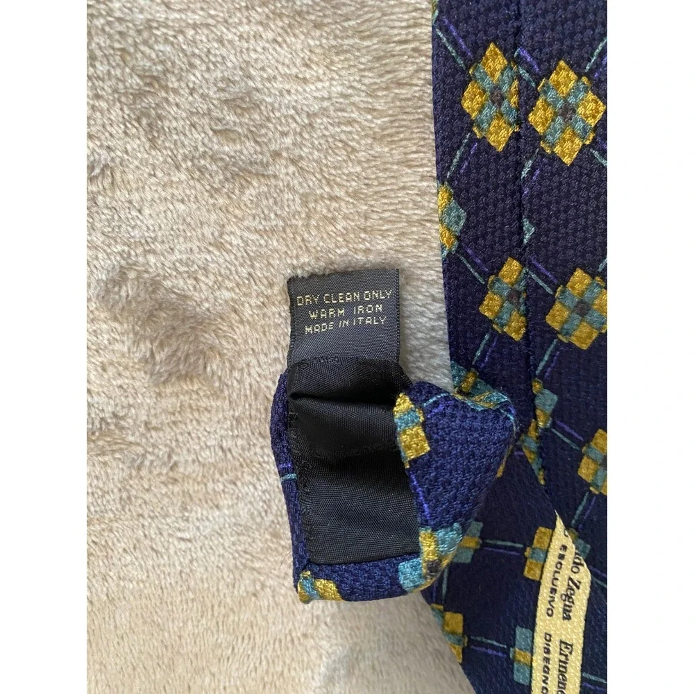 Ermenegildo‎ Zegna Tie Navy Blue Gold Silk Geometric Disegno Esclusivo Italy